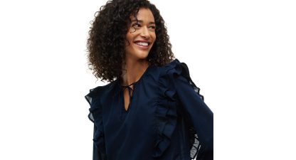 Tommy Hilfiger Women's Frill Detail Long-Sleeve Tie-Neck Top - Dark Blue