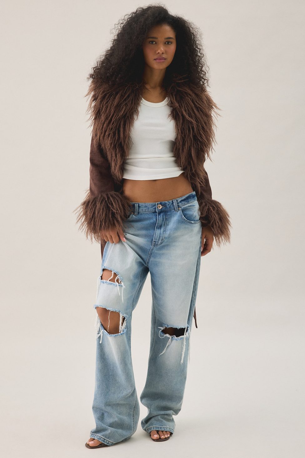 Azalea Wang Tori Faux Fur Trim Wrap Jacket - Brown