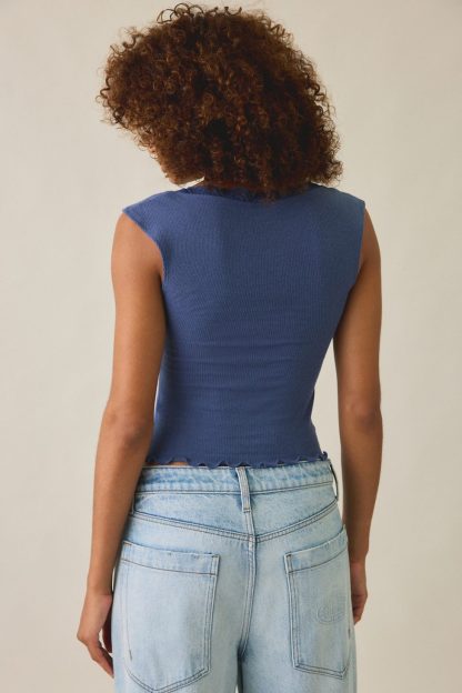 Out From Under Diana Plunging Lace Trim Cap Sleeve Top - Dark Blue