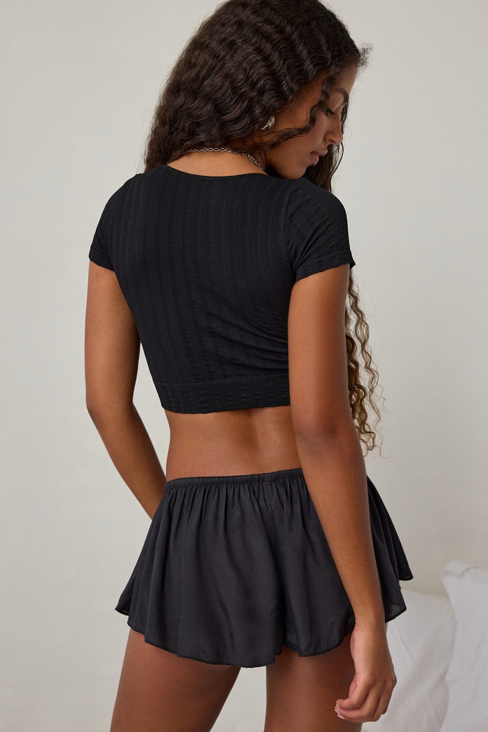 Out From Under Thalia Seamless Knit Lace Trim Crop Tee - Black