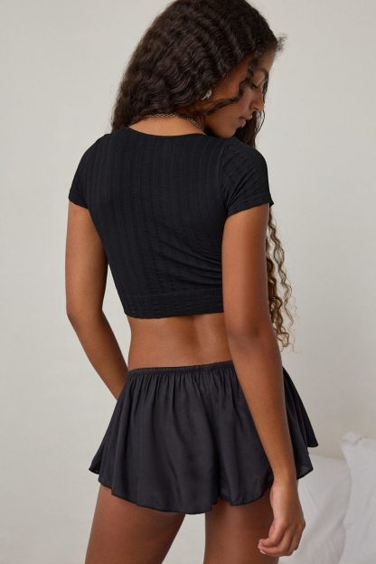 Out From Under Thalia Seamless Knit Lace Trim Crop Tee - Black