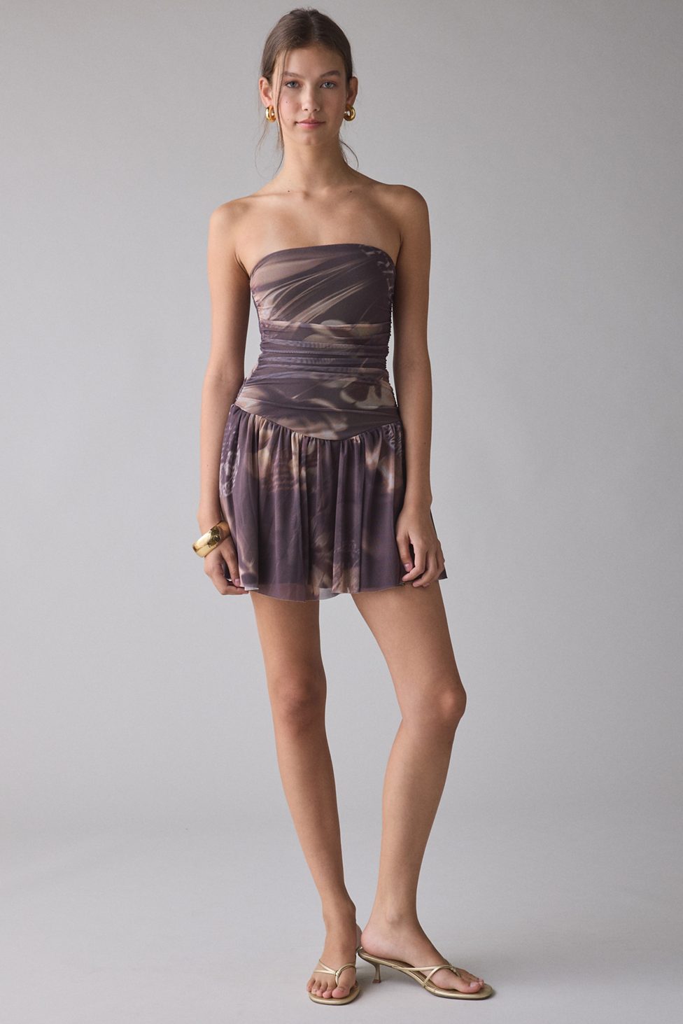 UO Modern Mesh Basque Waist Strapless Mini Dress - Brown