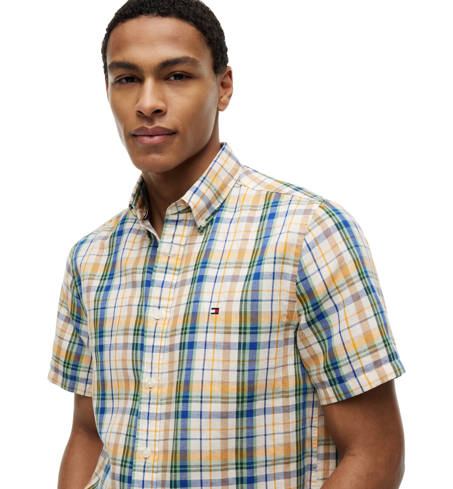 Tommy Hilfiger Men's Linen Blend Madras Short-Sleeve Shirt - Ivory Petal / Check
