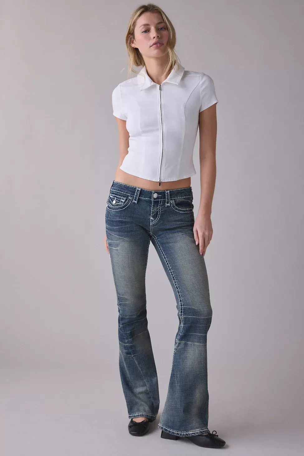 True Religion Joey Dandelion Fade Super-T Flap Low-Rise Flare Jeans - Dandelion Fade
