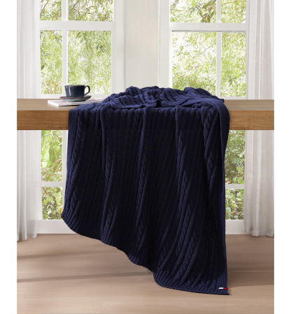 Tommy Hilfiger Solid Cotton Cable Knit Throw, 70" x 50" - Dark Blue