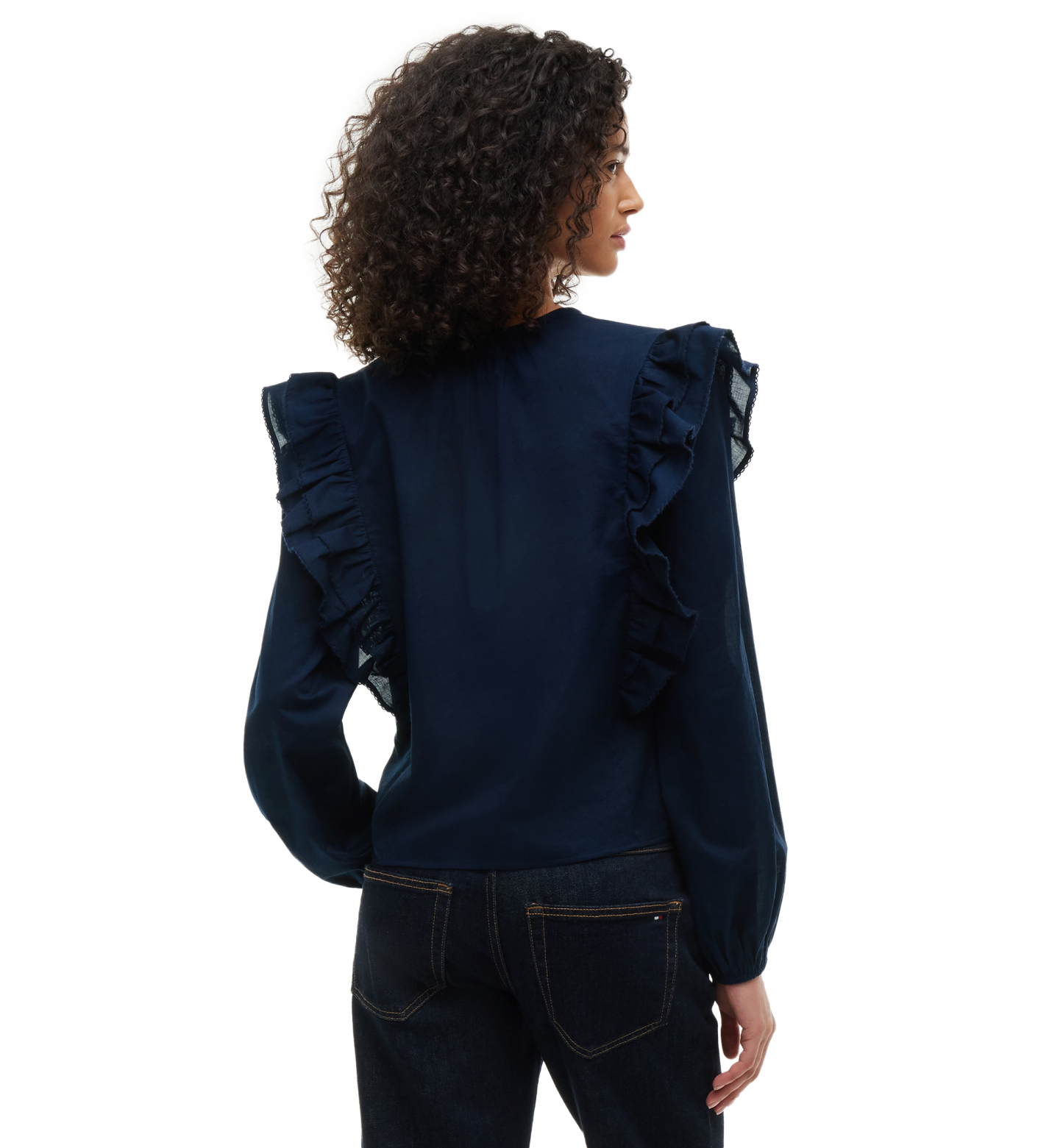 Tommy Hilfiger Women's Frill Detail Long-Sleeve Tie-Neck Top - Dark Blue