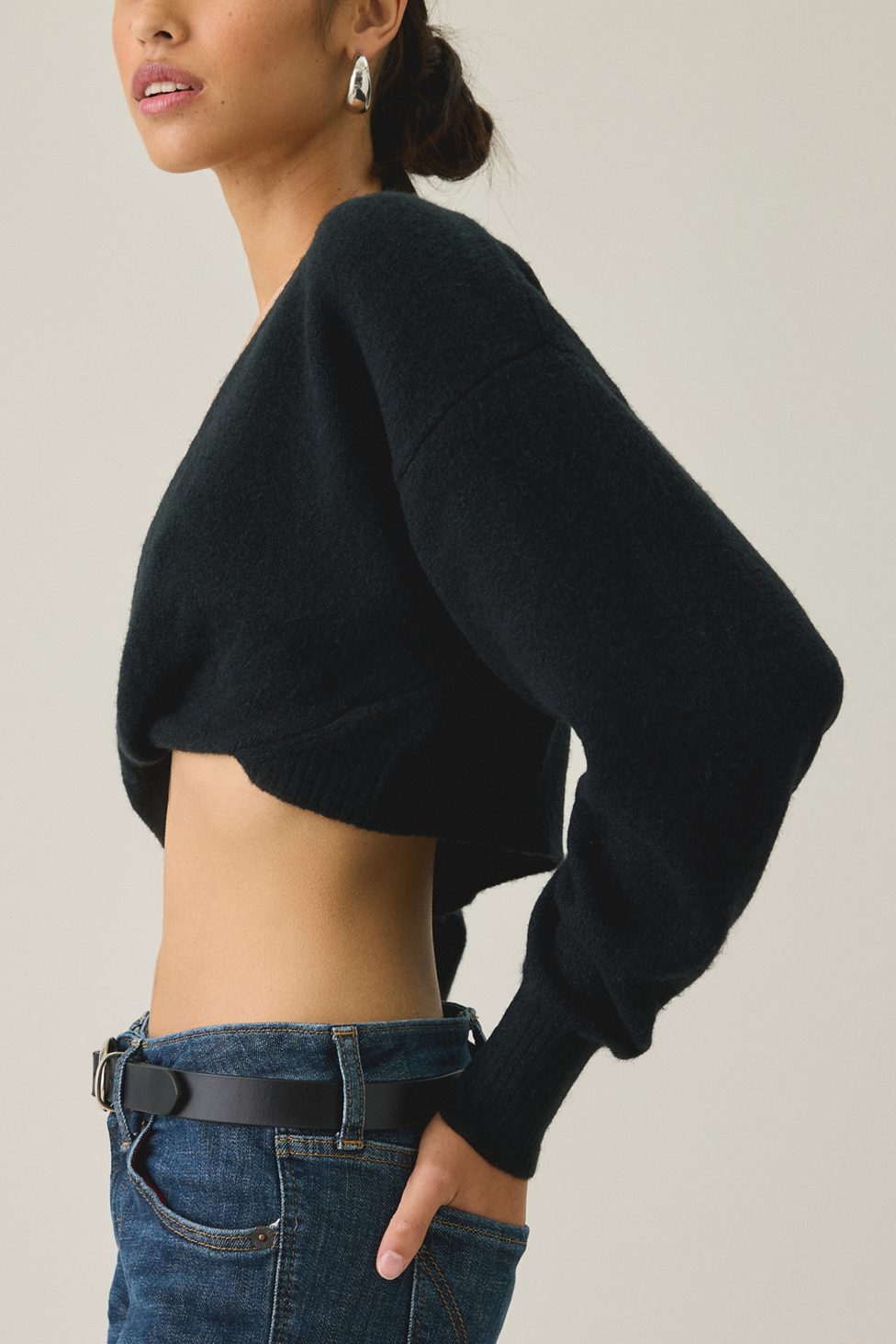 Out From Under Julia Twist Plunging V-Neck Cropped Sweater - Black