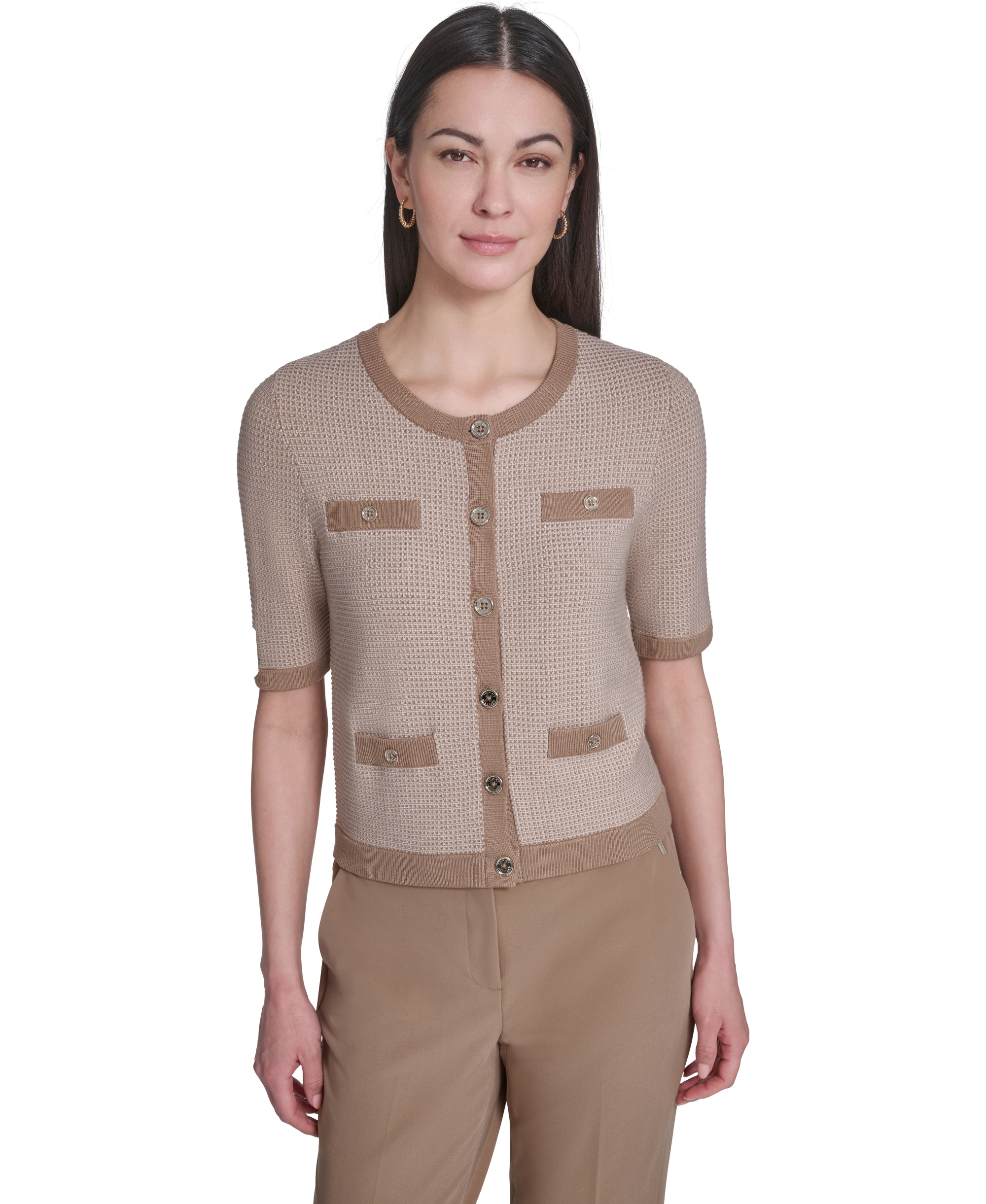 Tommy Hilfiger Women's Short-Sleeve Crewneck Sweater - Tannin/Whitecap