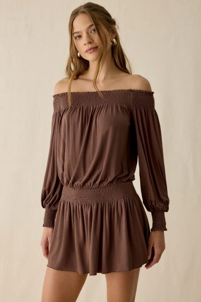 UO Night Shift Jersey Knit Off-The-Shoulder Long Sleeve Mini Dress - Brown