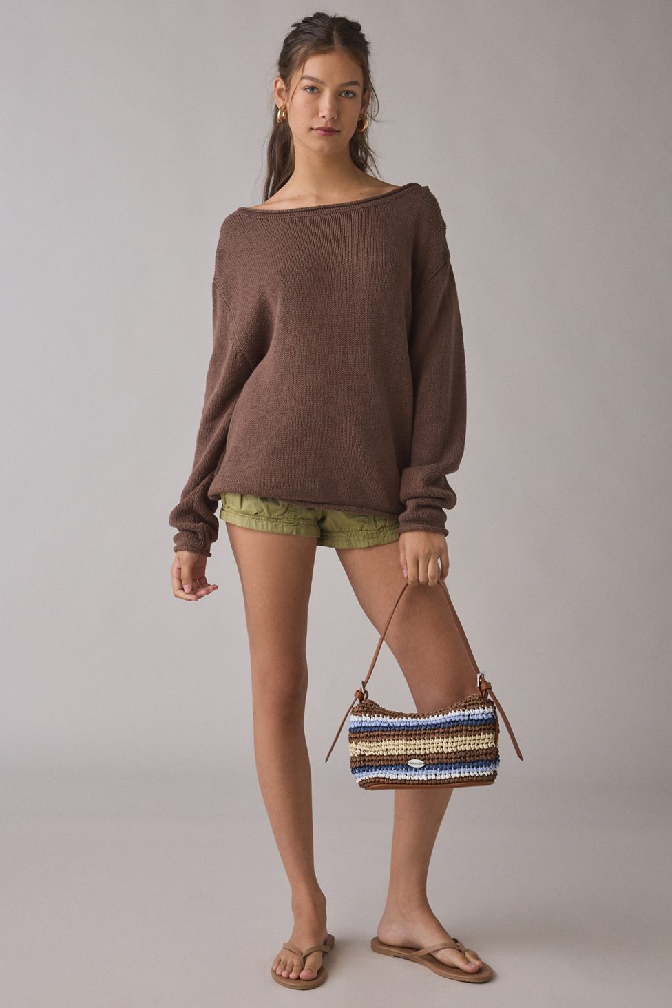 BDG Nola Cotton Blend Oversized Boatneck Sweater - Brown