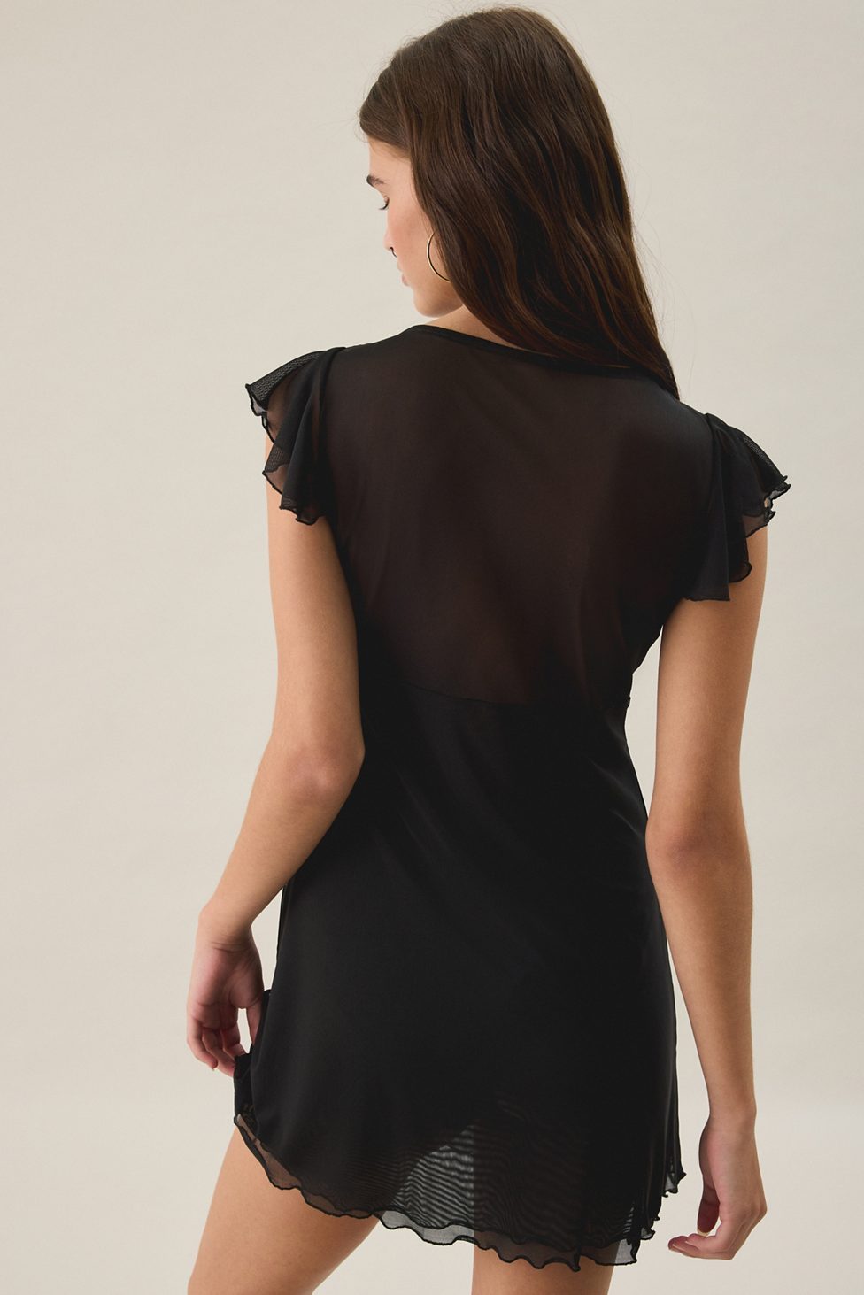 Out From Under Cecelia Mesh Ruffle Flutter Sleeve Sleep Dress - Black