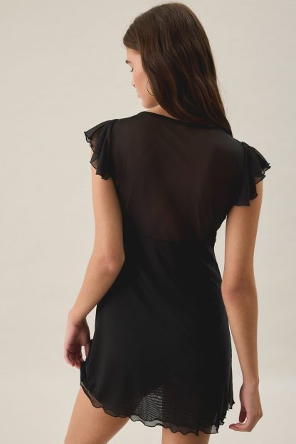 Out From Under Cecelia Mesh Ruffle Flutter Sleeve Sleep Dress - Black
