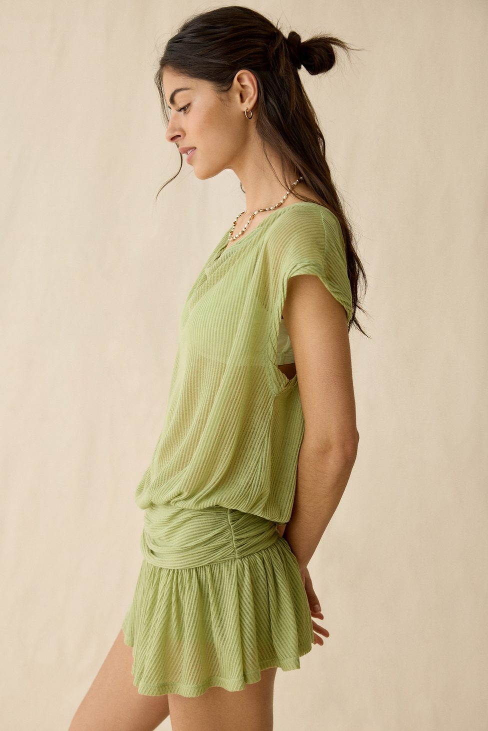 Out From Under Aruba Sheer Mesh Off-Shoulder Romper - Olive