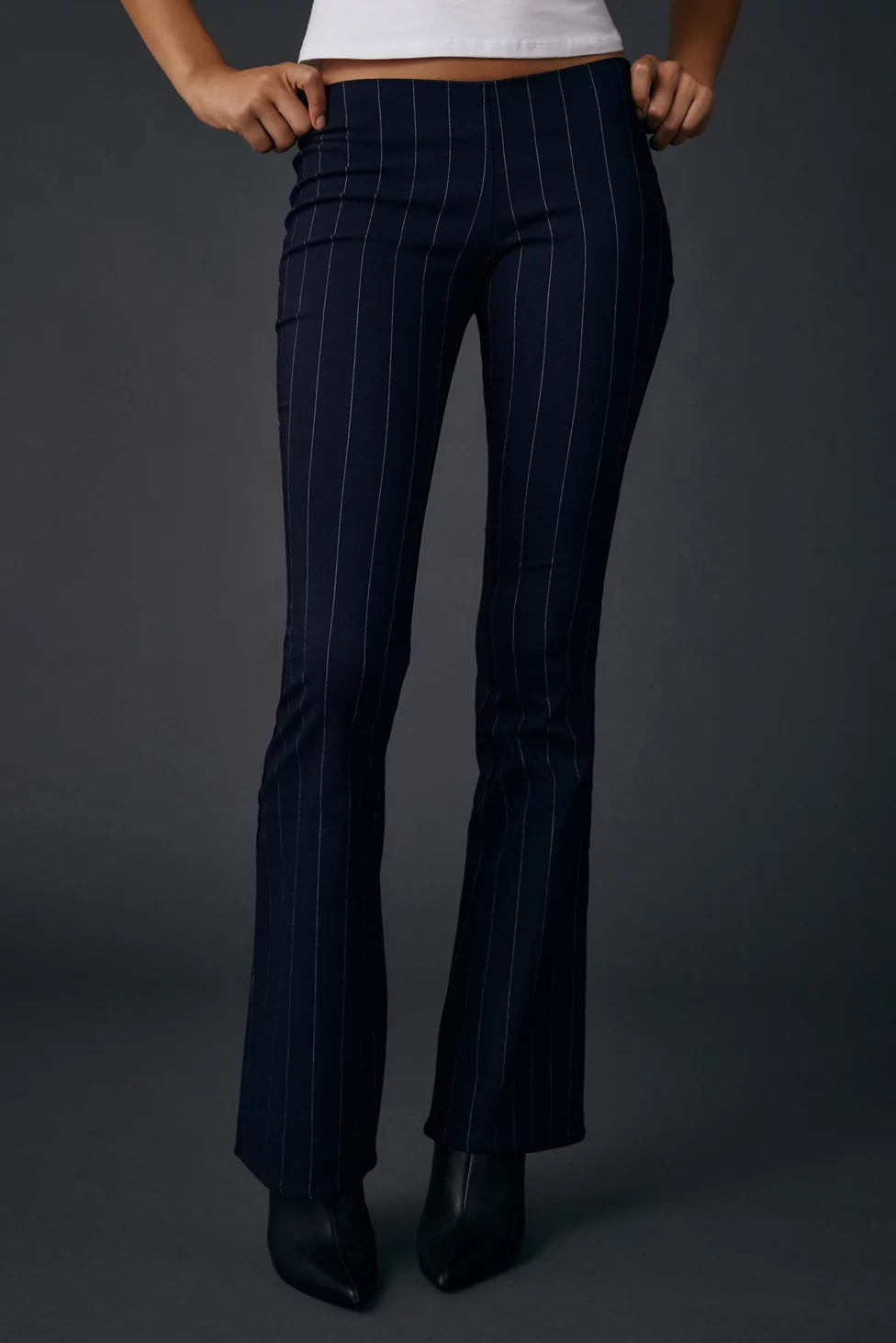 UO Hailey Pinstripe Stretch Pull-On Low-Rise Flare Pants - Navy