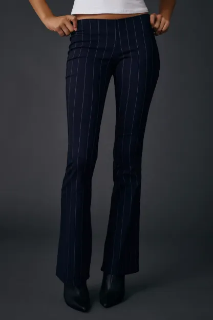 UO Hailey Pinstripe Stretch Pull-On Low-Rise Flare Pants - Navy
