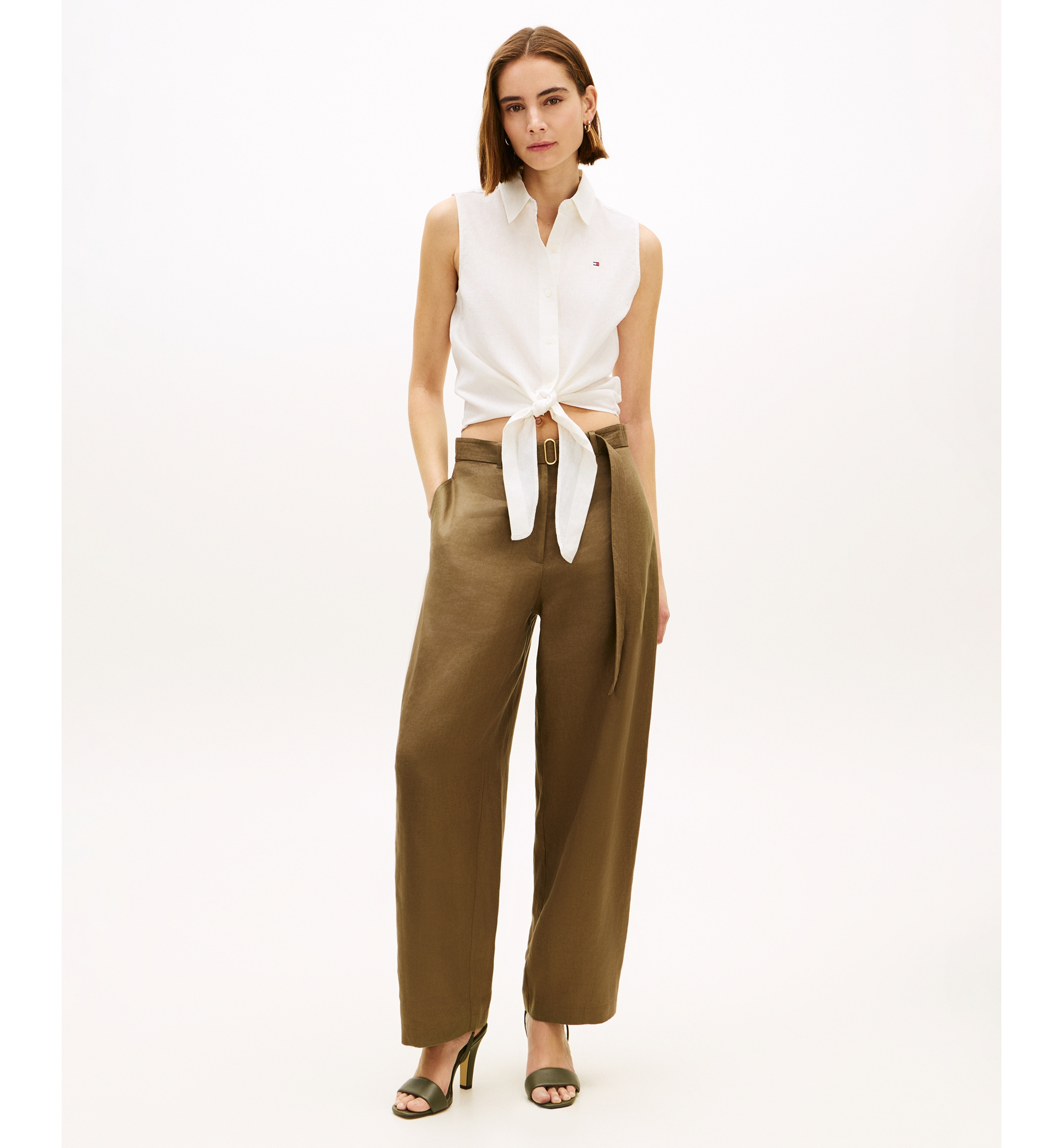 Tommy Hilfiger Women's Linen Knotted Collared Top - Ecru