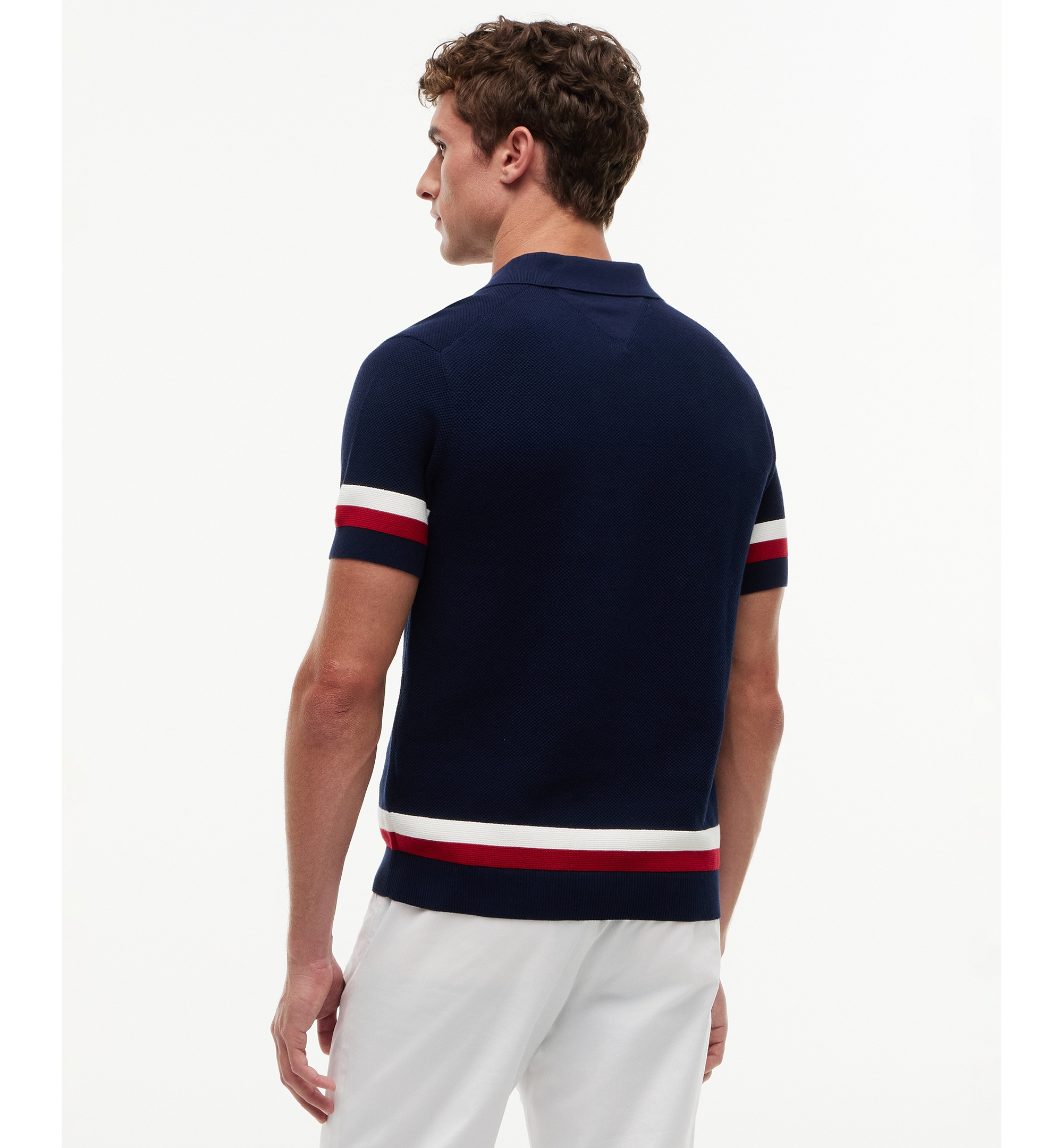 Tommy Hilfiger Men's Textured Red, White and Blue Short-Sleeve Sweater Polo - Carbon Navy