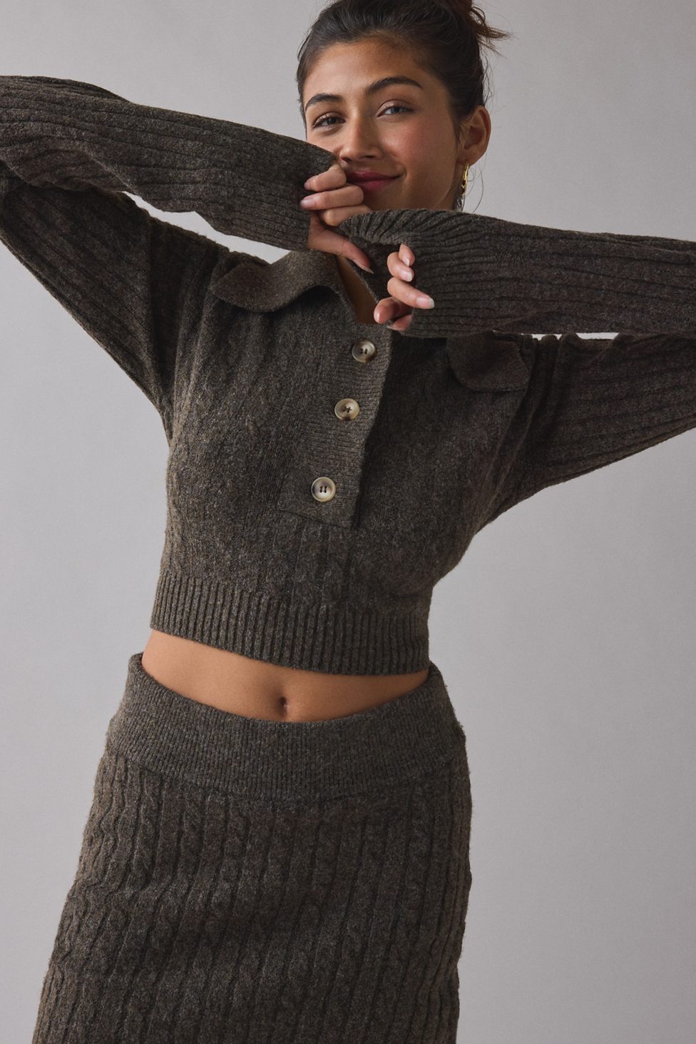 BDG Avery Cable Knit Sweater Skirt 2-Piece Set - Brown