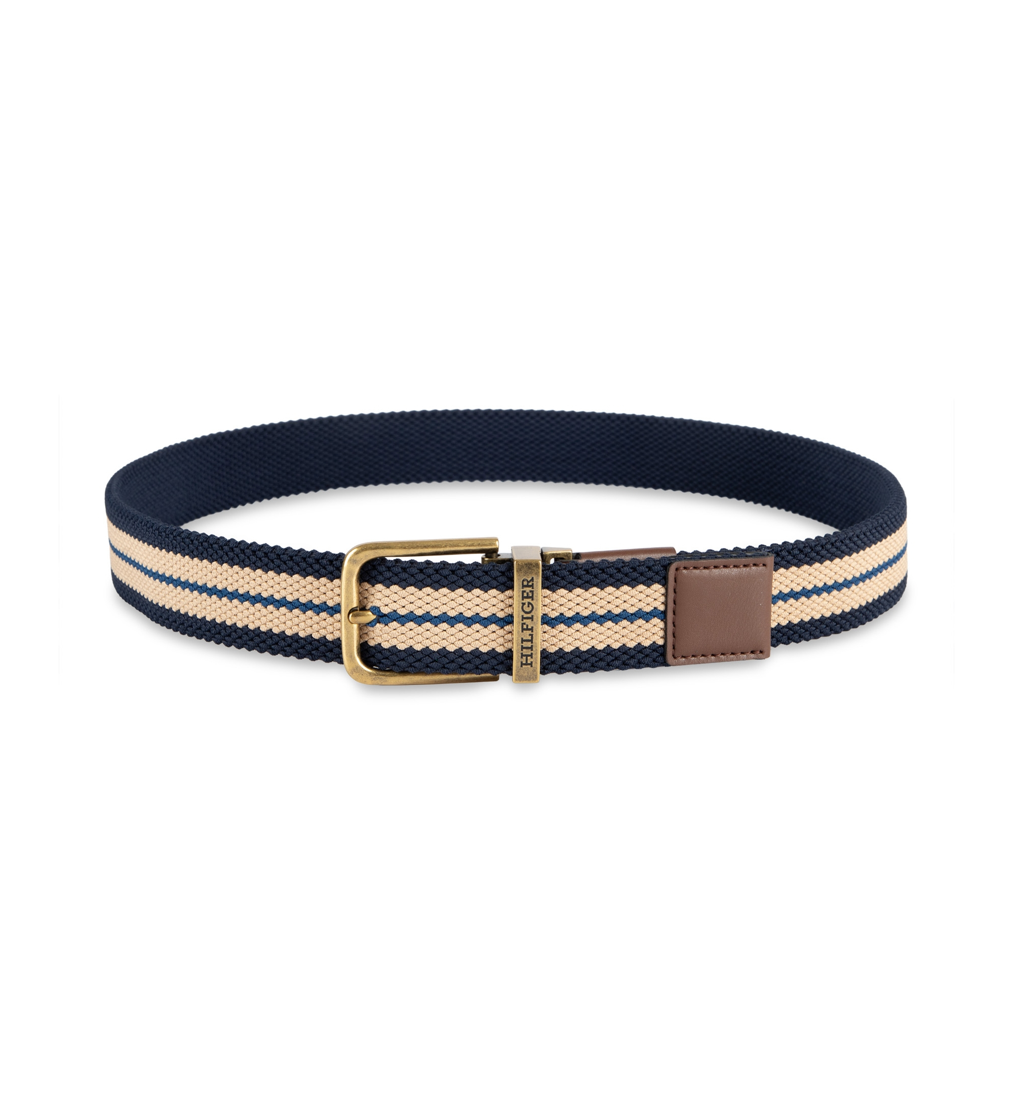 35MM Tommy Hilfiger Men's Two-In-One Reversible Striped Stretch Cord Belt - Tan/Navy