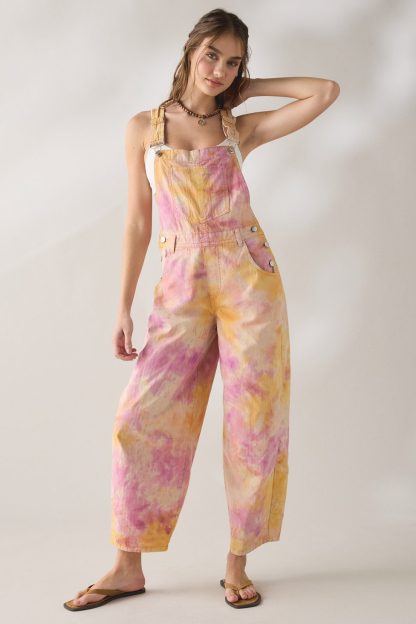 BDG Rih Cotton Canvas Extreme Barrel-Leg Overalls - Pink Combo