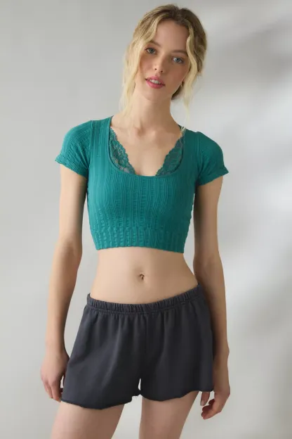Out From Under Thalia Seamless Knit Lace Trim Crop Tee - Dark Turquoise