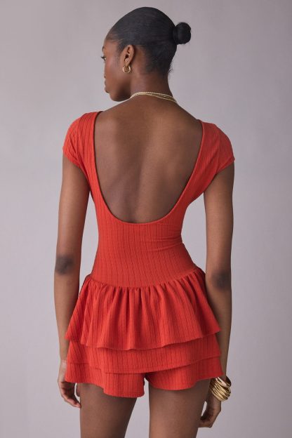 Kimchi Blue Ruffled Up Short Sleeve Romper - Red