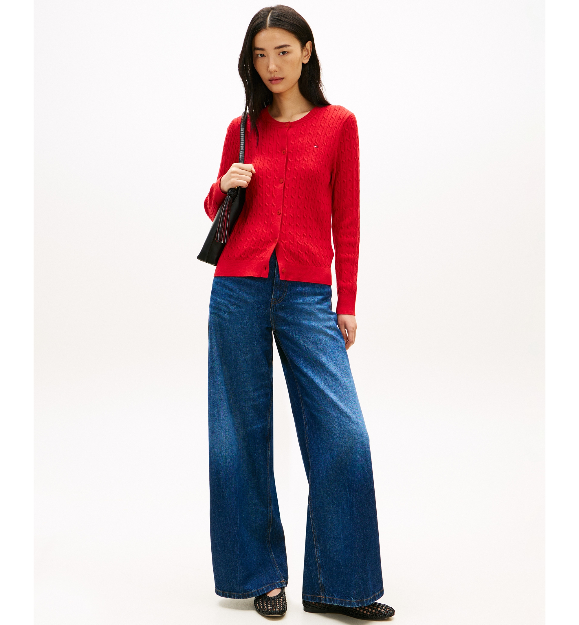 Tommy Hilfiger Women's Cable Knit Crew Neck Cardigan Sweater - Primary Red