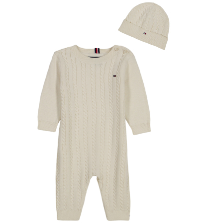 Tommy Hilfiger Baby Boys' Cable-Knit Long-Sleeve Coverall and Hat, 2-Piece Set - Cream
