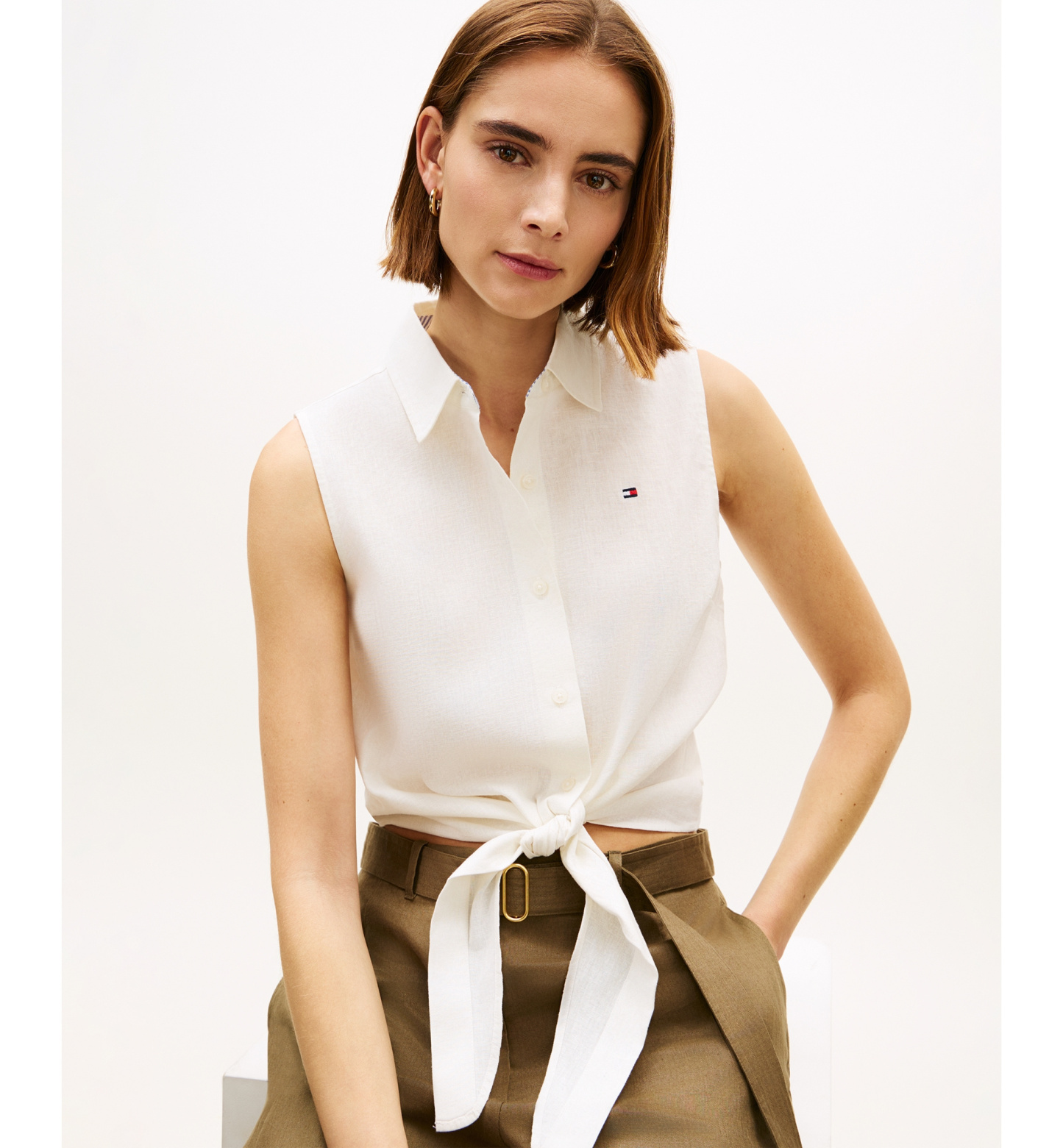 Tommy Hilfiger Women's Linen Knotted Collared Top - Ecru