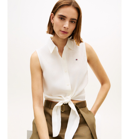 Tommy Hilfiger Women's Linen Knotted Collared Top - Ecru