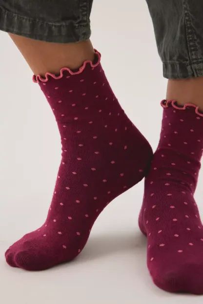 Out From Under Lettuce-Edge Polka Dot Socks - Wine + Pink Polka Dot