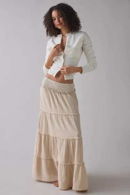 Kimchi Blue On My Mind Smocked Waist Tiered Maxi Skirt - Cream