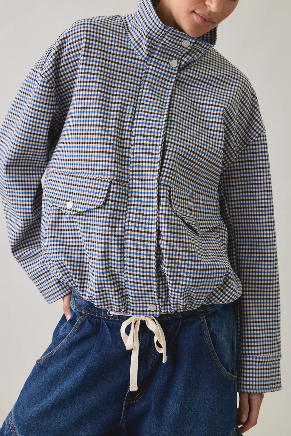 UO Harper Funnel Neck Bomber Jacket - Blue Multi