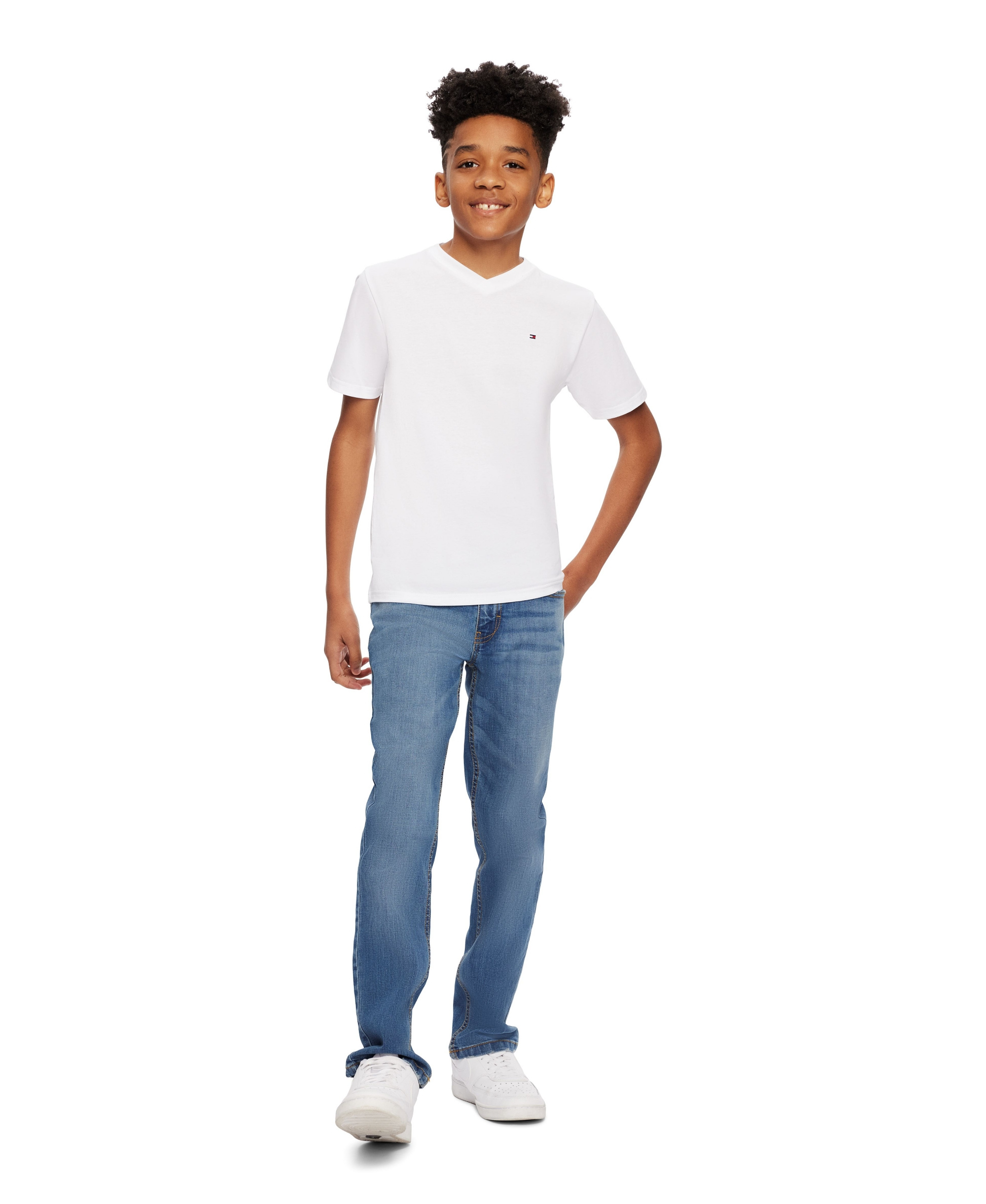 Tommy Hilfiger Boys' 2T-7 Solid Embroidered Logo V-Neck T-Shirt - White