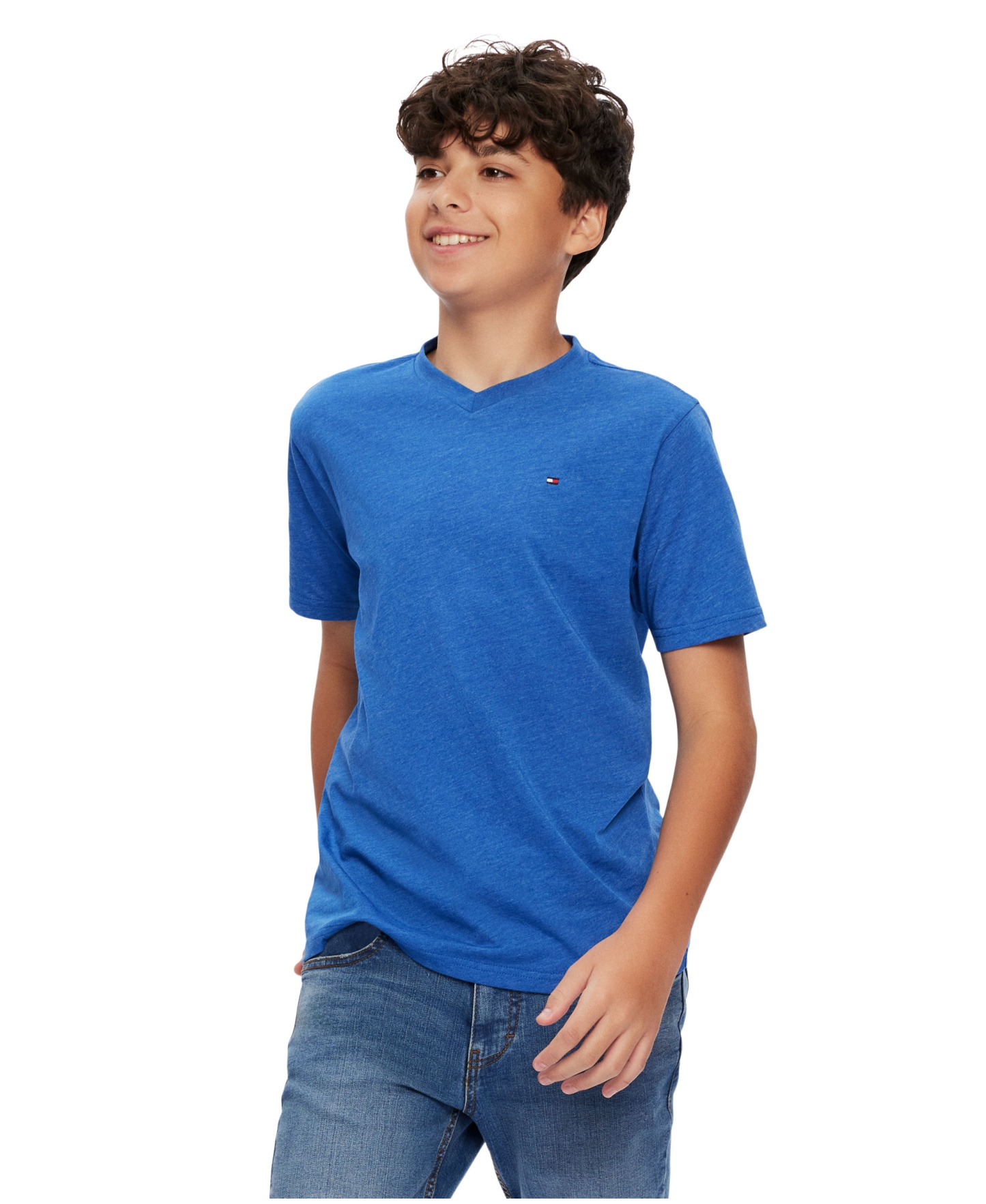 Tommy Hilfiger Boys' 2T-7 Solid Embroidered Logo V-Neck T-Shirt - Blue Jean