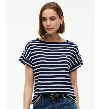 Tommy Hilfiger Women's Breton-Stripe Boat-Neck Gold-Tone Button T-Shirt - Breton Stp Dark Blue Ecru