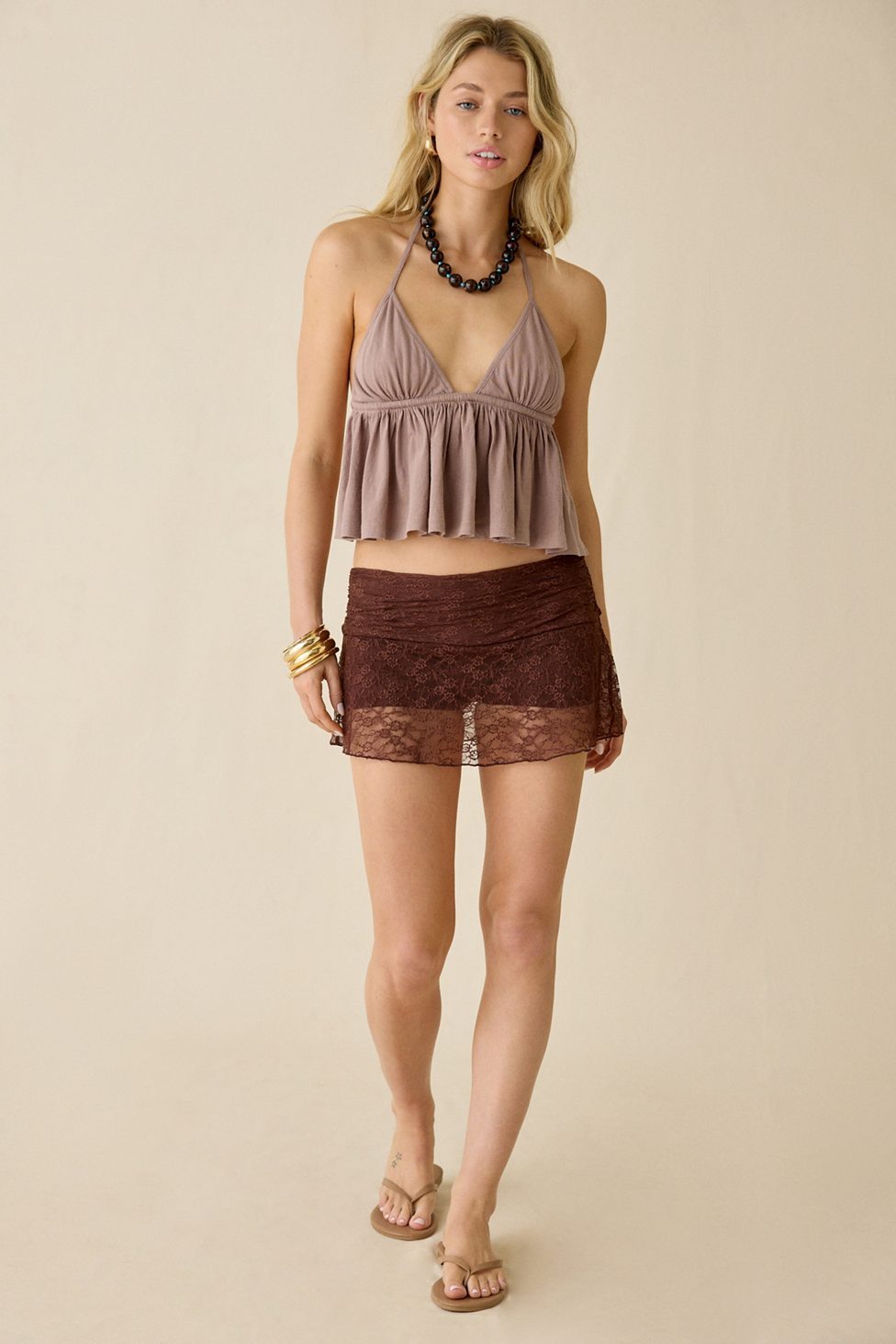Kimchi Blue Josephina Sheer Lace Micro Mini Skort - Chocolate