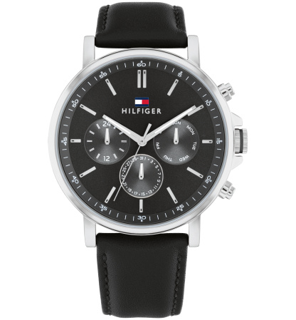 Tommy Hilfiger Men's Multifunction Black Leather Watch 43mm - Black