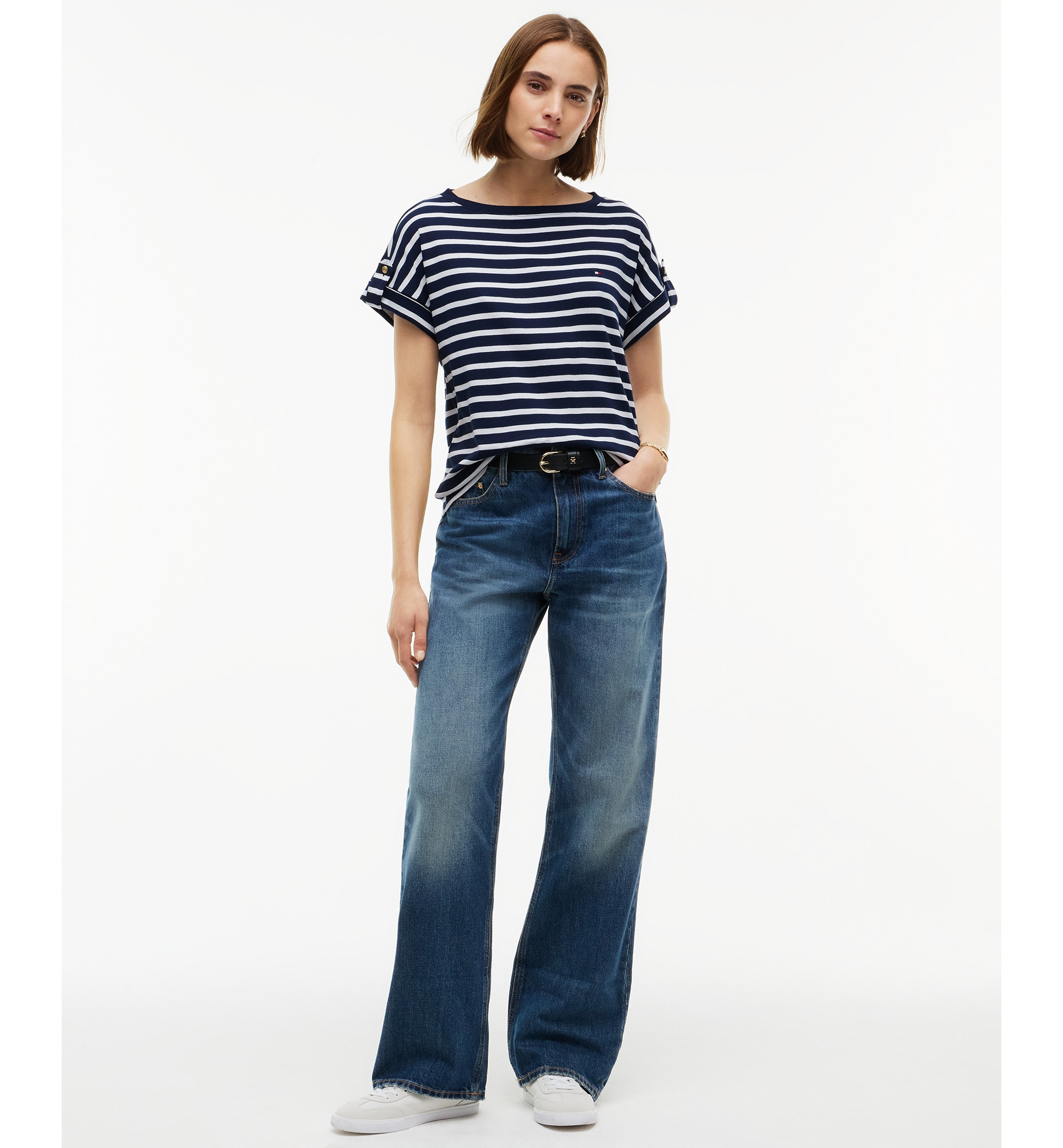 Tommy Hilfiger Women's Breton-Stripe Boat-Neck Gold-Tone Button T-Shirt - Breton Stp Dark Blue Ecru