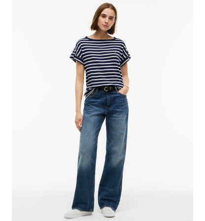 Tommy Hilfiger Women's Breton-Stripe Boat-Neck Gold-Tone Button T-Shirt - Breton Stp Dark Blue Ecru