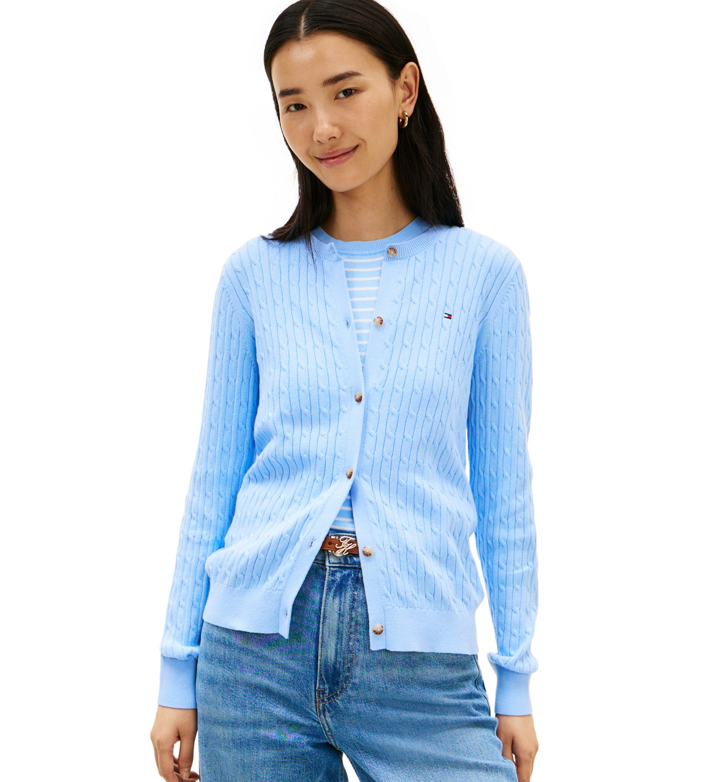 Tommy Hilfiger Women's Cable Knit Crew Neck Cardigan Sweater - Dark Night Navy