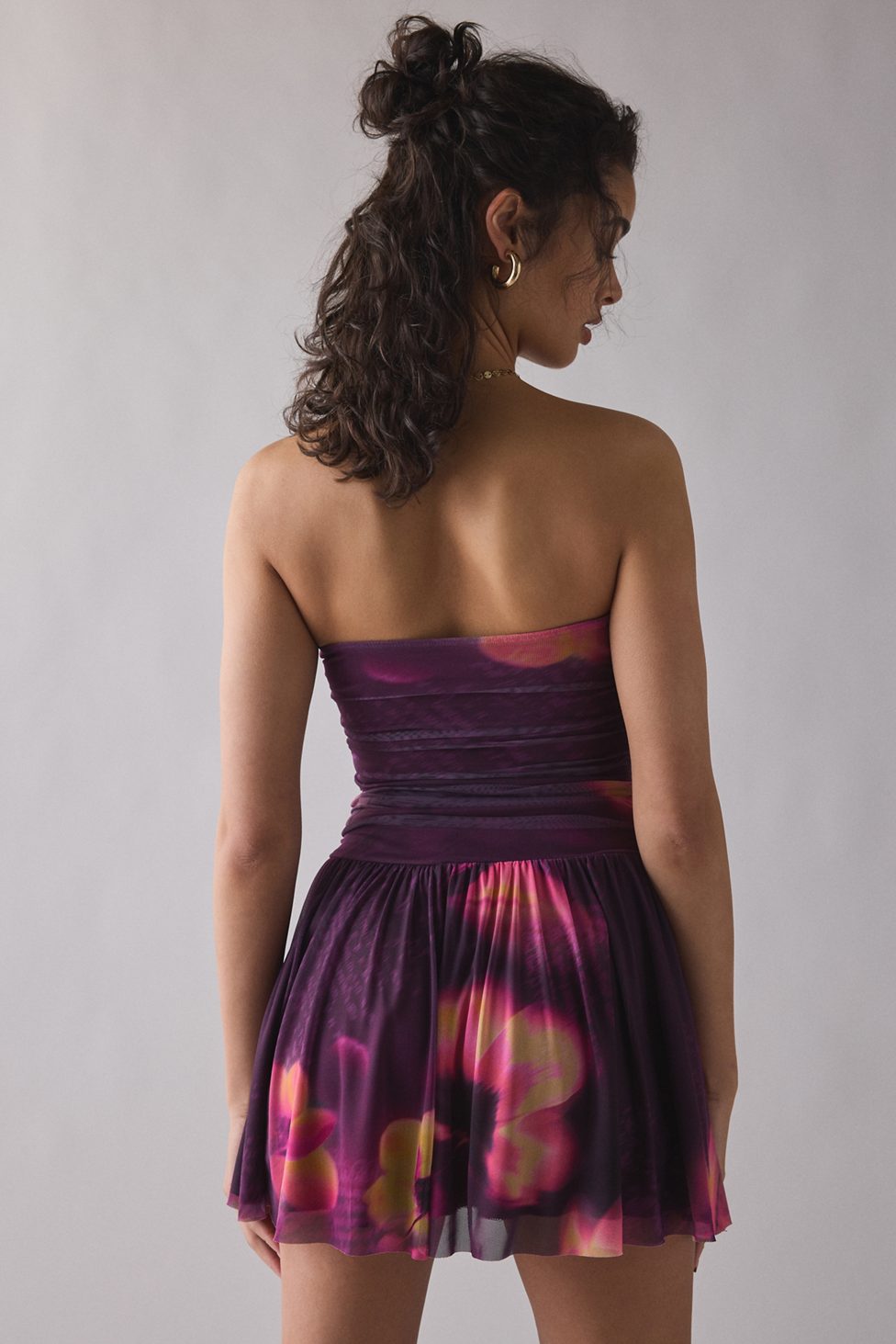 UO Modern Mesh Basque Waist Strapless Mini Dress - Purple Multi