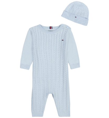 Tommy Hilfiger Baby Boys' Cable-Knit Long-Sleeve Coverall and Hat, 2-Piece Set - Blue
