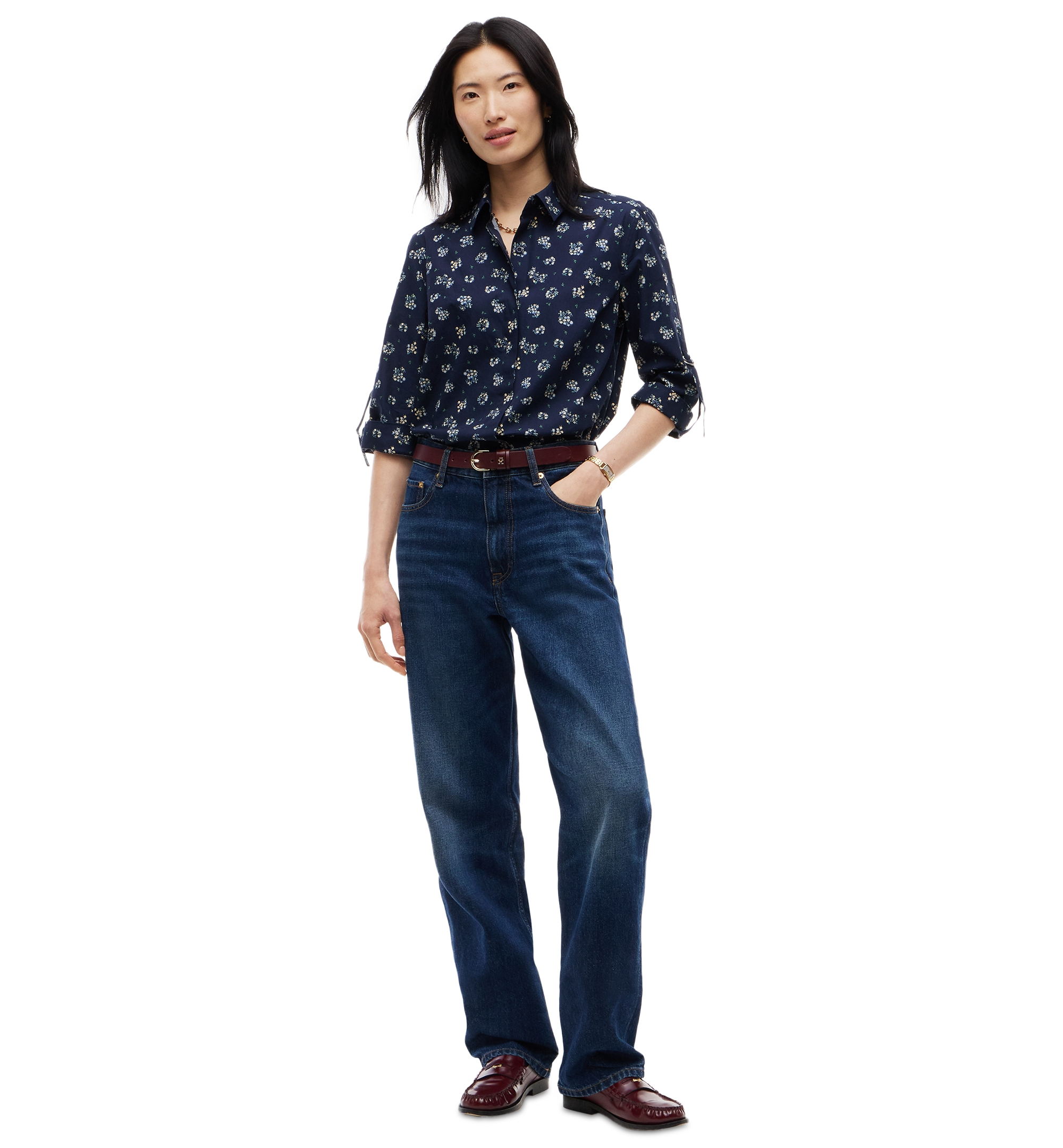 Tommy Hilfiger Women's Cropped Printed Roll-Tab Sleeve Shirt - Traditional Floral Dark Blue