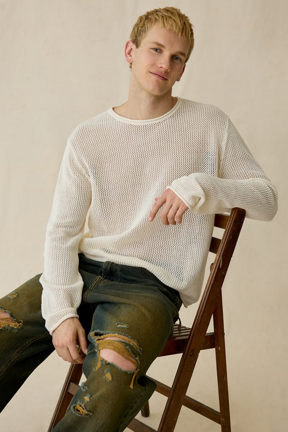 UO Mason Mesh Crew Neck Sweater - Ivory