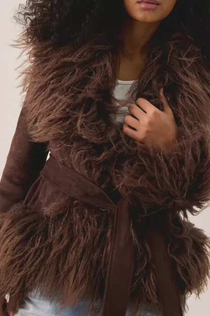 Azalea Wang Tori Faux Fur Trim Wrap Jacket - Brown