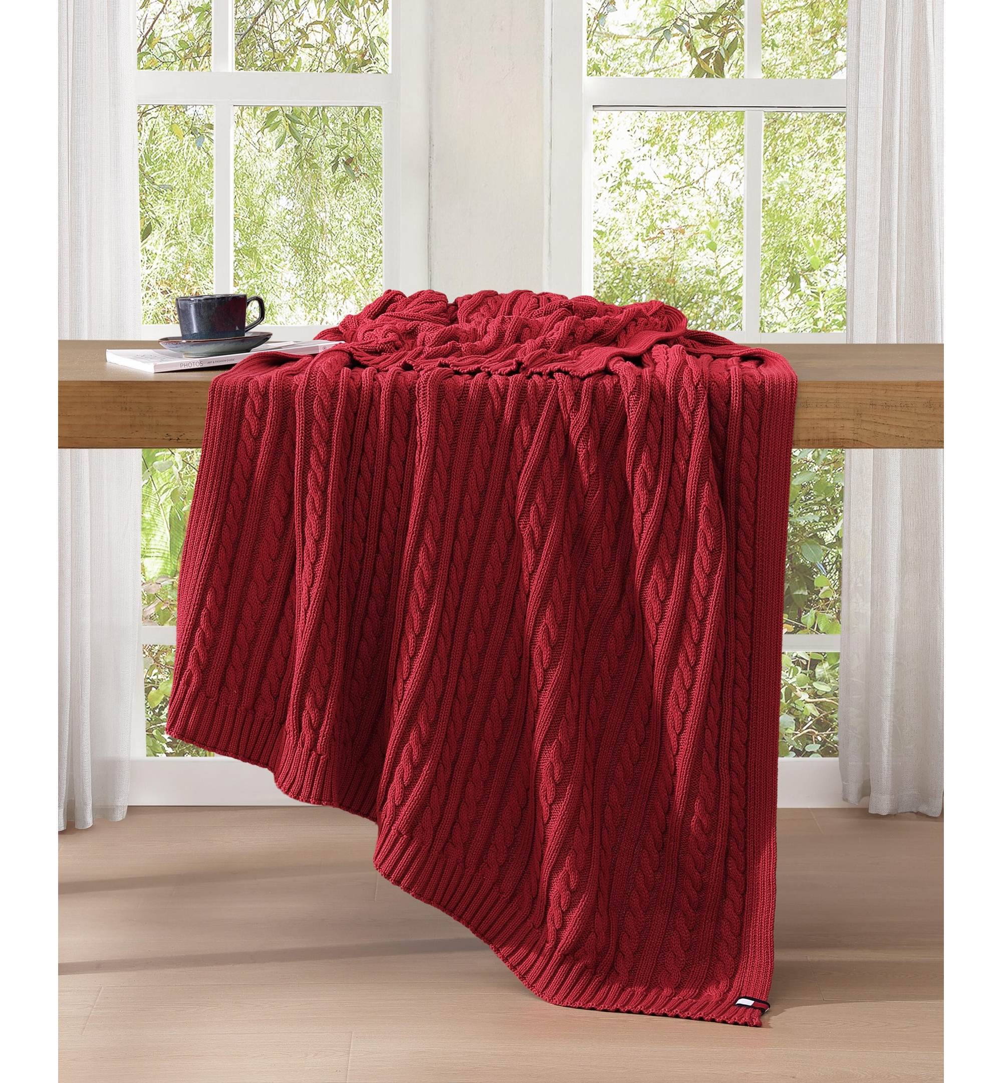 Tommy Hilfiger Solid Cotton Cable Knit Throw, 70" x 50" - Dark Red
