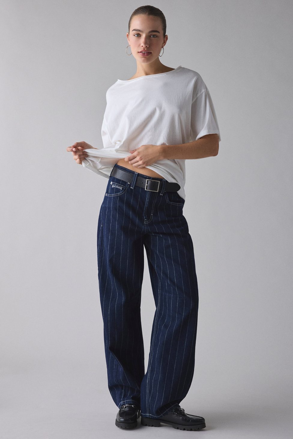 BDG Logan Printed Buckle Baggy Barrel Jeans - Tinted Pinstripe