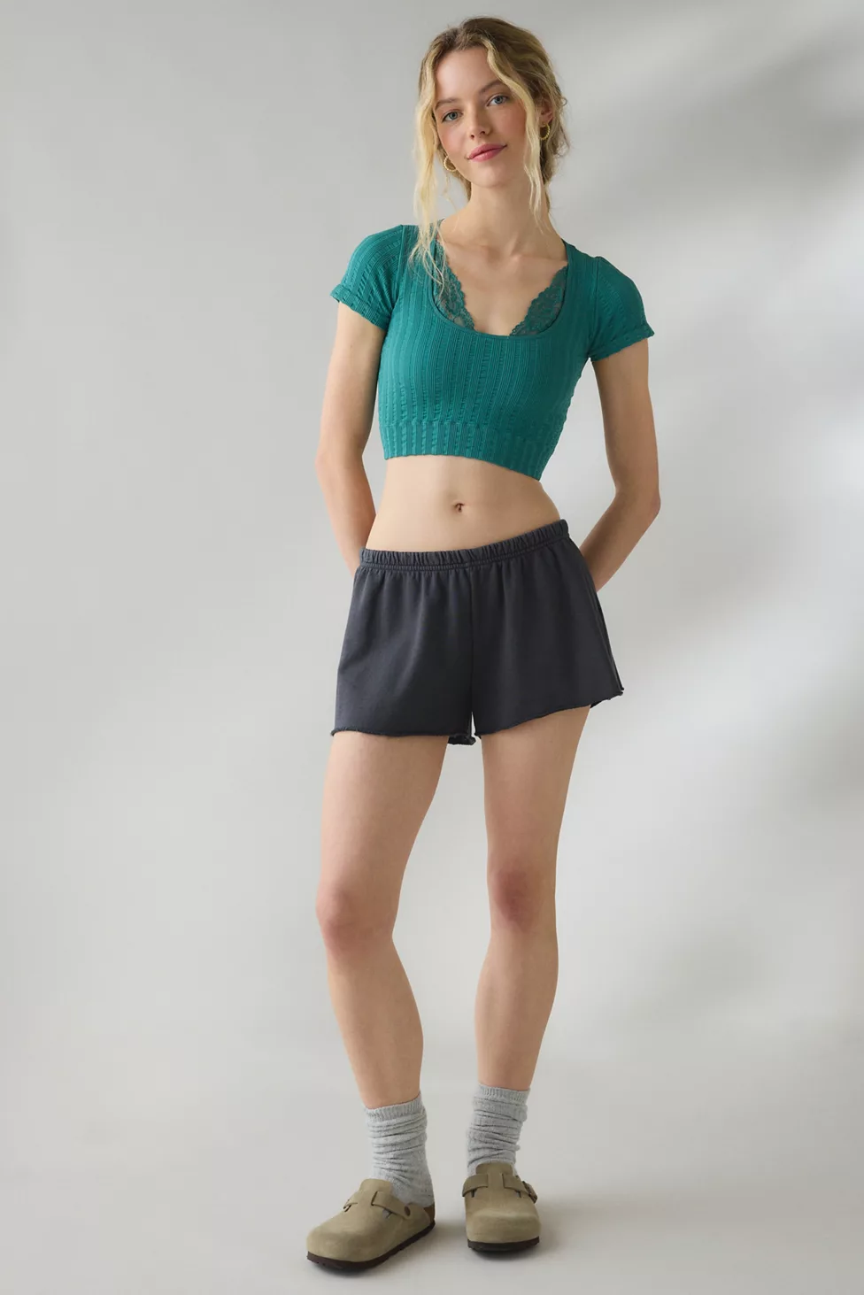 Out From Under Thalia Seamless Knit Lace Trim Crop Tee - Dark Turquoise