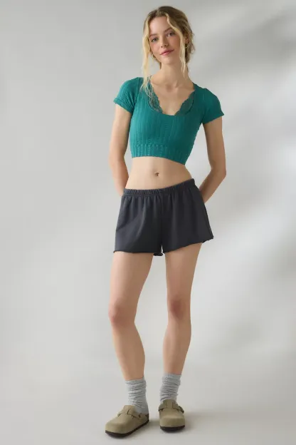 Out From Under Thalia Seamless Knit Lace Trim Crop Tee - Dark Turquoise